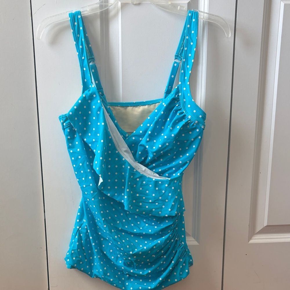 Talbots MIRACLESUIT® RIVIERA DOT RUFFLE TANKINI TOP SIZE 10